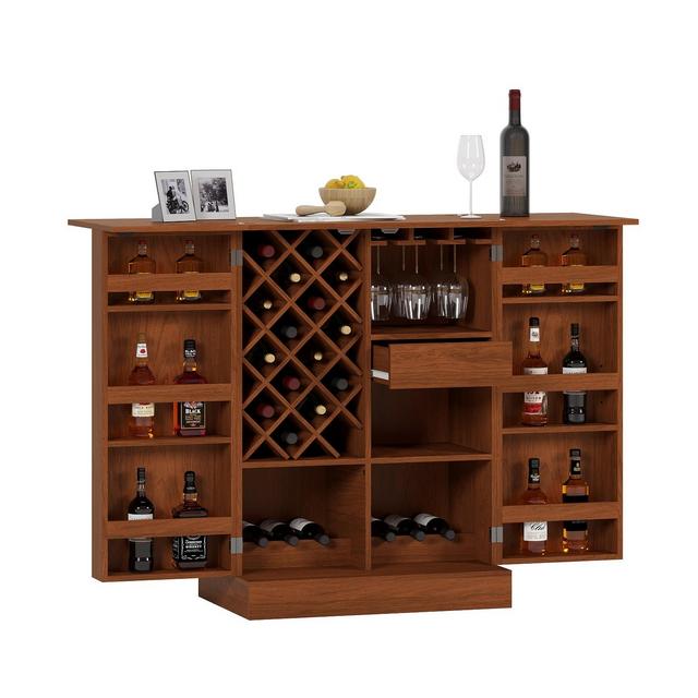 Simplie Fun Extendable Rattan Door Bar Cabinet with Wine and Glass Storage