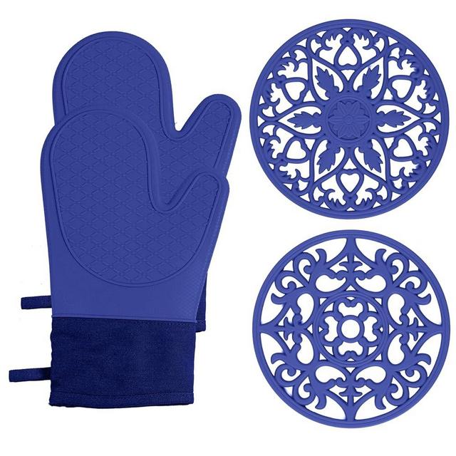 Domonic Home Oven Mitts and Pot Holders Sets, Silicone Oven Mitts Heat Resistant 600F, Oven Mitt Set Good Grip, Oven Gloves and Trivet Mats 4 Piece Set, Blue