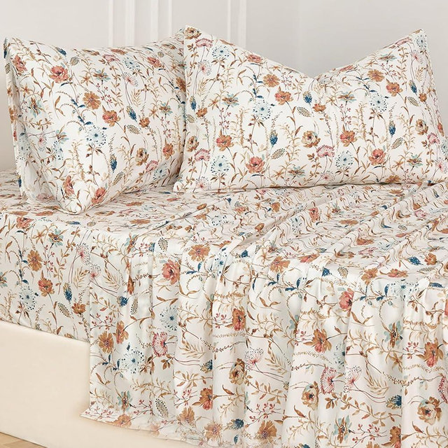 Zusbest King Sheets Set 100% Percale Cotton - Boho Floral Botanical Printed Bedding with Deep Pocket 17.5'', Vintage Burnt Orange & Teal Design, 4-Piece Soft Breathable Sheets