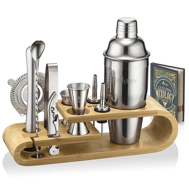 Mixology Bartender Kit and Cocktail Shaker Set for Drink Mixing | Mixology Set with 10 Bar Set Tools and Bamboo Stand Makes It the Perfect Home Cocktail Kit | All You Need For Your Bartender Tool Kit