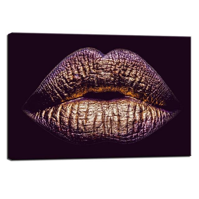 LevvArts - Purple Canvas Wall Art Woman Sexy Gold Lips Painting Prints on Canvas Giclee Wall Painting for Home Bedroom Salon Decor Stretched and Framed Ready to Hang
