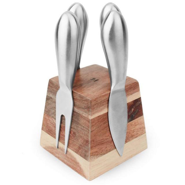 Slice of Goodness Cheese Knife Set - 4 Stainless Steel Cheese Knives with Magnetic Acacia Wood Holder - Fork, Spade Spreader, Narrow and Flat Knives - Charcuterie Board Accessories