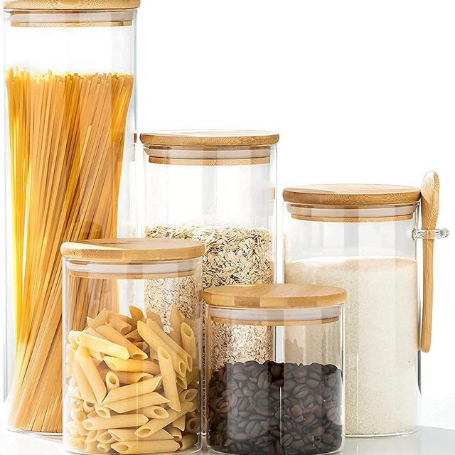 ERISED Glass Jars Set of 5 Food Storage Containers Airtight Food Jars with Bamboo Wooden Lids and Spoon Kitchen Canisters for Candy,Cookie,Rice,Sugar,Flour,Pasta