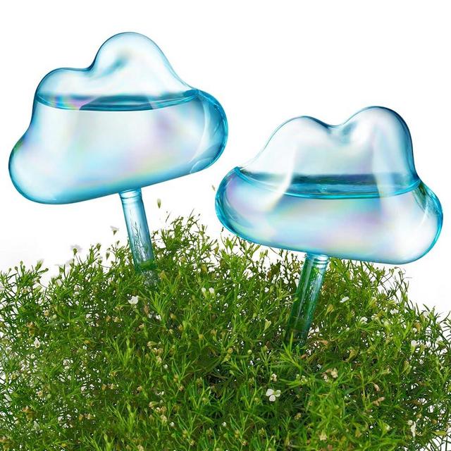NiHome Glass Plant Self Watering Bulbs 2-Pack Cloud Shaped Clear Water Blue Iridescent Pearl Color Home Watering Globes Potted Planter Insert Decorative Device Vacation Watering Spikes Indoor Outdoor
