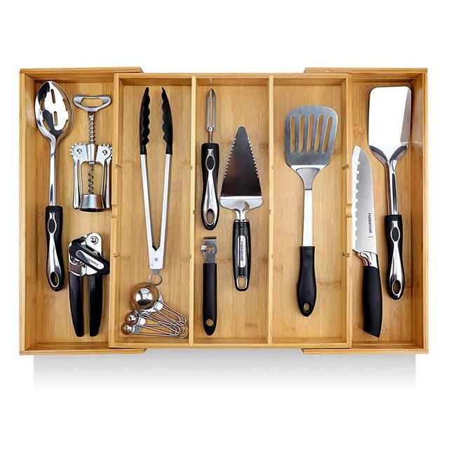 Pristine Bamboo Expandable Drawer Organizers for Kitchen - Extra Deep Non-Slip 17” x 14.6” (expands up to 25 inches) - Dark Wooden Silverware Divider (10 Compartments) – Organize Cooking Utensils