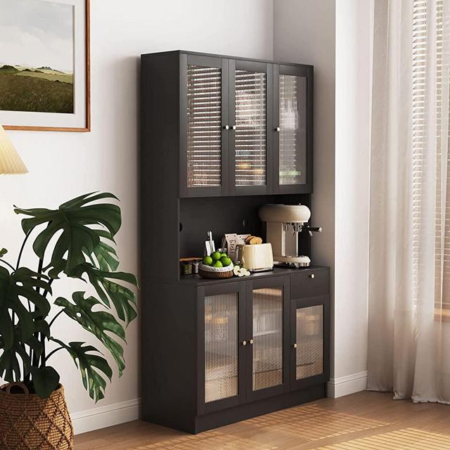 NOSGA Kitchen Pantry Storage Cabinets, Kitchen Cabinet Bookcase with Striped Glass Door Tall Kitchen Buffet Storage Cabinet with 6 Cabinets and 1 Drawer Open Storage Shelf, Black