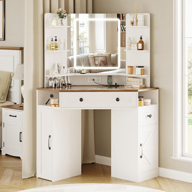 Vabches Corner Vanity with Mirror & Lights, Glass Top Makeup Vanity Desk with Charging Station, Dressing Table with Storage Cabinets & Shelves for Bedroom,White