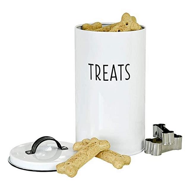 White Pet Treat Cat and Dog Treat Container with 2 Bone-Shaped Cookie Cutters, Cute Pet Treat Holder Jar with Lid, Durable Dog Biscuit Tin Canister, Great Gift for Pet Owners, White
