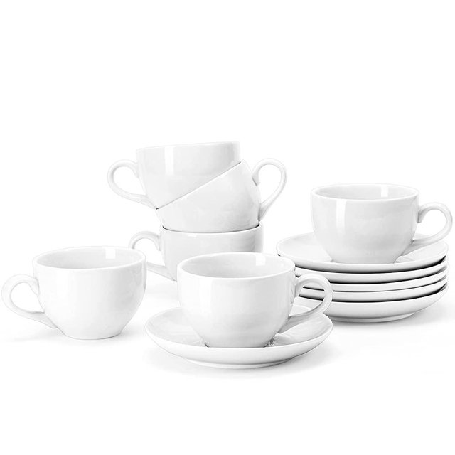 Yedio Porcelain Coffee Cups Set with Saucer, 6 Ounce White Porcelain Cup and Saucer Set for Cappuccino, Espresso, Coffee Latte, Coffee drinks and Tea, Set of 6