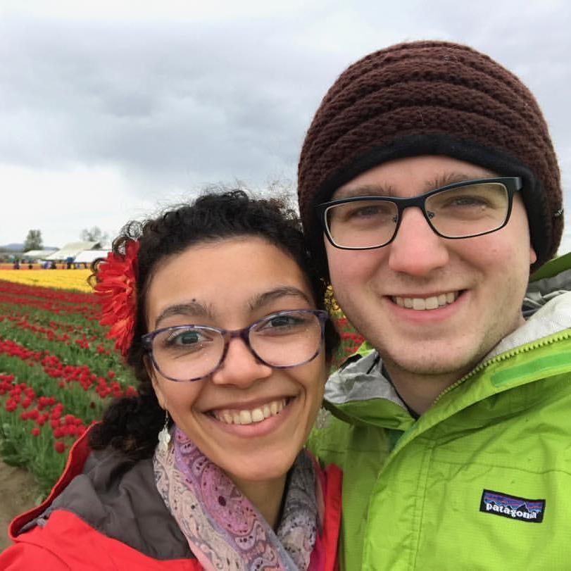 Skagit Valley Tulip Festival. We matched the tulips with our rain coats!