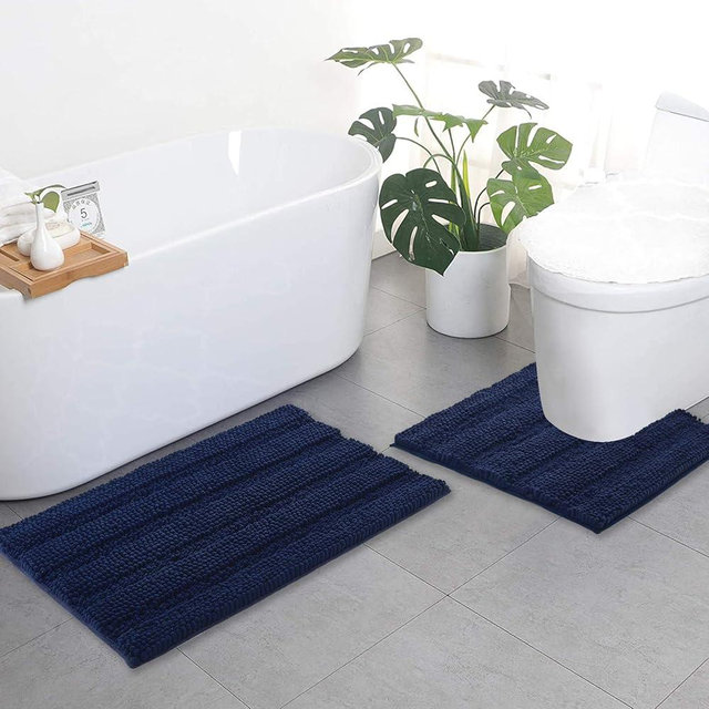 NICETOWN Bathroom Rugs, Ultra Thick and Soft Texture Chenille Plush Floor Mats Hand-Tufted Bath Rug with Non-Slip Backing, Microfiber Door Mat for Kitchen/Entryway (Navy Blue, Pack 2-20 x 32/17 x 24)