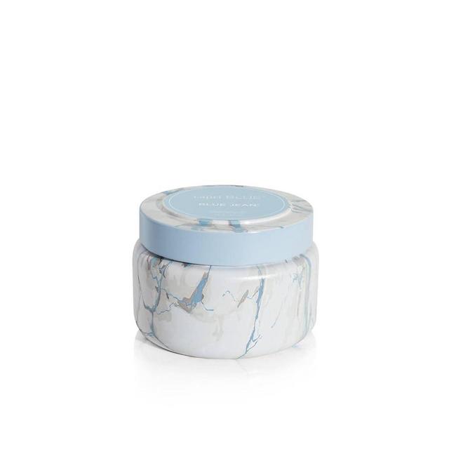 Capri Blue Blue Jean Scented Candle - Modern Marble Printed Travel Tin Jar Candle - Luxury Aromatherapy Candle - Sky Blue Colored Candle with Marble Design (8.5 oz)
