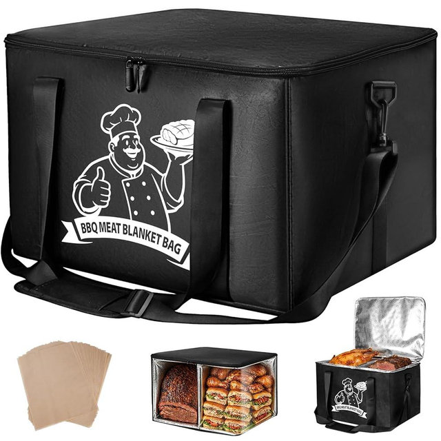 DAMNISS BBQ Blanket for Resting Meat, Extra Large Meat Resting Bag, Dual Compartments, Holds 28lb Brisket, Upgraded Double-Layer Foil Insulation Hot Longer, BBQ Blanket with 25 BBQ Papers- Black