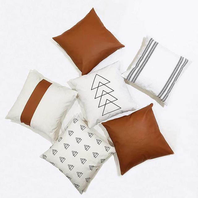 EFOLKI Decorative Throw Pillow Covers and Cases 18x18 inch Set of 6, Modern Design Cotton and Faux Leather, Boho, Mudcloth Farmhouse Pattern Decorative Pillow Covers for Couch, Sofa, or Bed