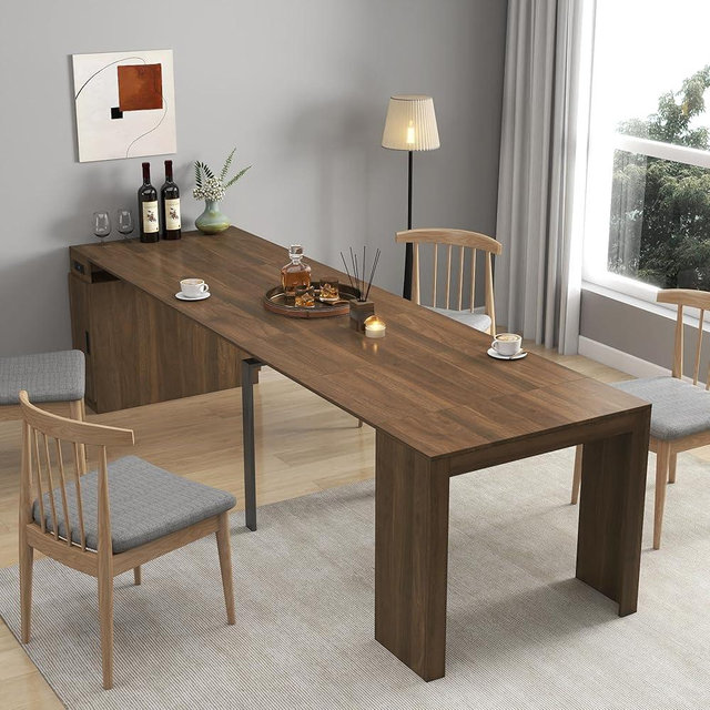 HOMBIX Expandable Dining Table, Transformer Console Table with Charging Ports & Storage, Extendable Folding Dining Room Table for 10-12 People, Space Saving Furniture, Walnut
