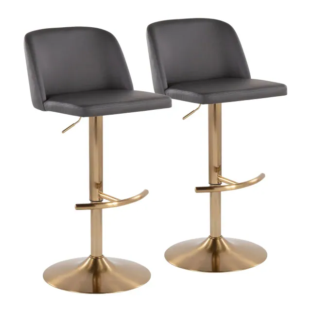 LumiSource Set of 2 Toriano Adjustable Swivel Barstools Gray PU Leather/Gold