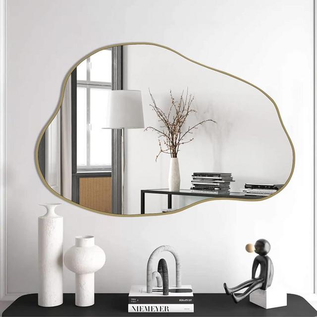 POZINO Irregular Mirror, Asymmetrical Mirror, Cloud Mirror, Wavy Mirror, Vanity Mirror for Wall Decoration, Gold Framed Wall Mirror for Living Room Bathroom Bedroom Entryway, 30"x20.5"