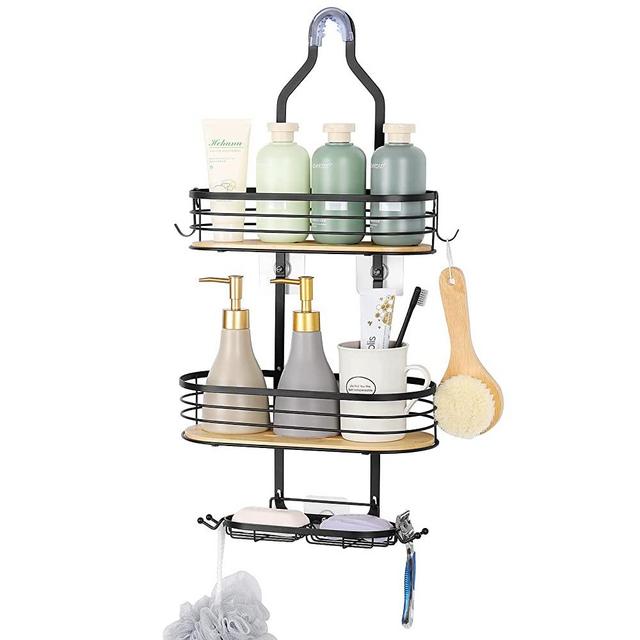 Hanging Shower Caddy, Stainless Steel Bathroom Hanging Shower Organizer Rack Basket, Rustproof Bamboo Basket with Hooks for Towels, Soap, Shampoo, shower accessories, Black