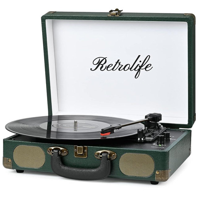 Vinyl Record Player 3-Speed Bluetooth Suitcase Portable Belt-Driven Record Player with Built-in Speakers RCA Line Out AUX in Headphone Jack Vintage Turntable Dark Green
