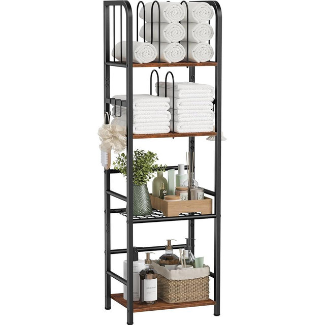 Snughome Towel Rack Free Standing 4-Tier M-Shaped Detachable Dividers, Metal Towel Storage Shelf for Bathroom, Pool Towel Rack Holder, Space-Saving Storage Organizer, Modern Bath Towel Storage Holder