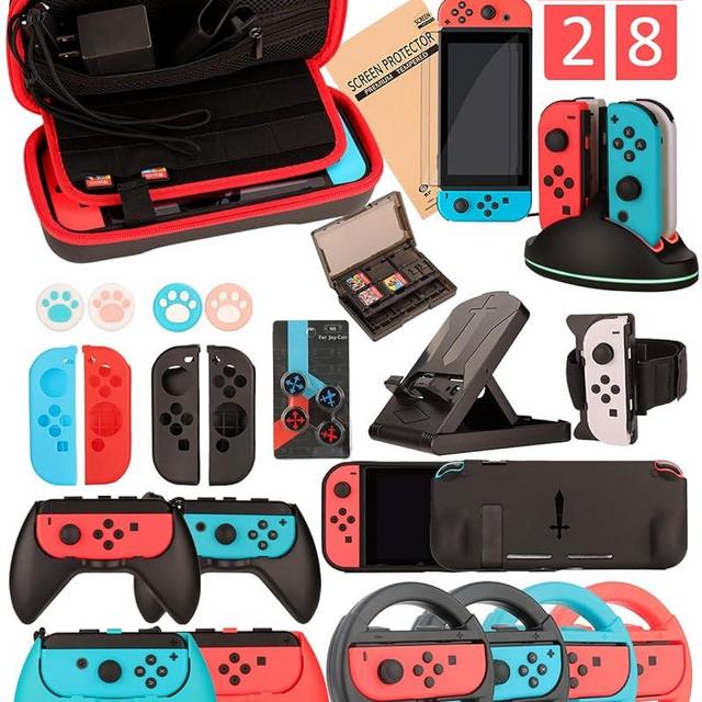 Switch Accessories - Family Bundle Accessories for Nintendo Switch, Carry Case& Screen Protector,4 Pack Joy Con Grips and Steering Wheels, Case Cover,Stand Mount,Joy Con Charger and More.