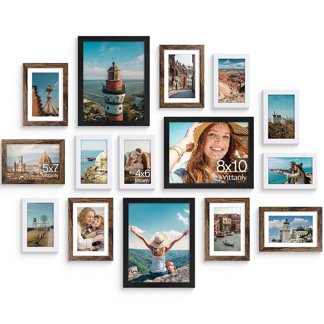 Vittanly 15 Pack Picture Frames Collage Wall Decor, Multi Sizes Including 3pcs 8x10, 6pcs 5x7 and 6pcs 4x6 Photo Frames, Gallery Frame Set for Wall or Tabletop Display, Black, Brown and White