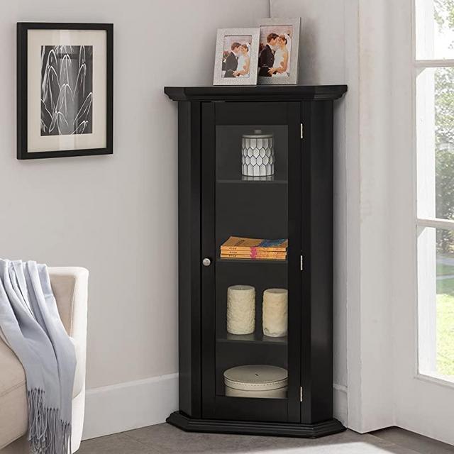 Kings Brand Furniture - Corner Curio Storage Cabinet with Glass Door, Black Finish