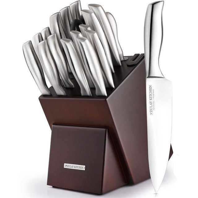 Zulay 18 Piece Stainless Steel Knife Set with Block and Sharpener - Sharp Knife Block Set with Built In Sharpener - Kitchen Knife Set With Block - Rust Proof Knife Set Stainless Steel