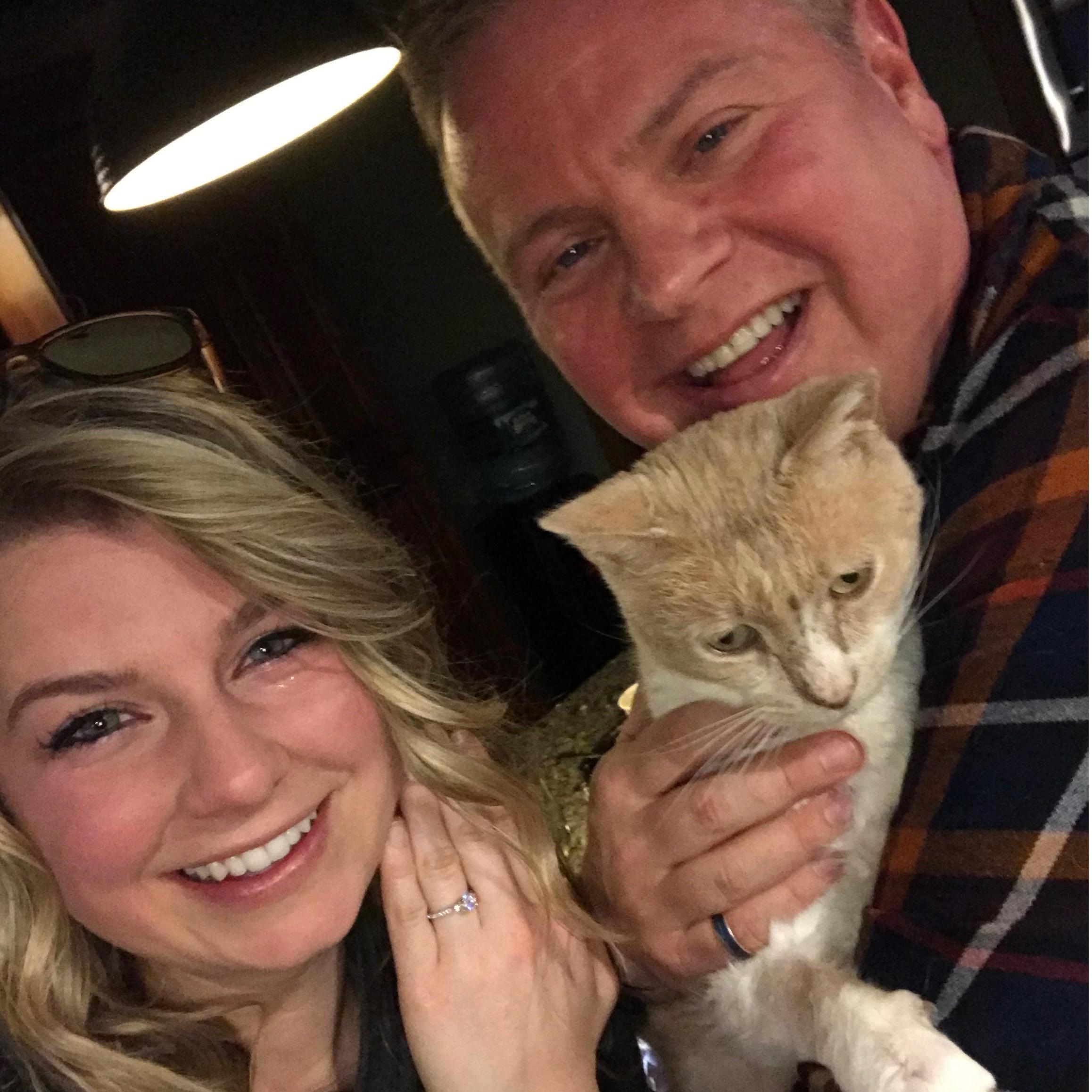 Moments following our engagement in March of 2020. Teary eyes and all...Peaches was the first to congratulate us.