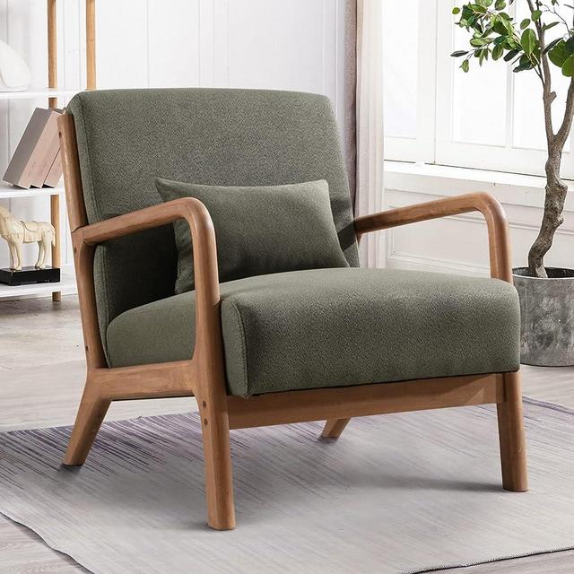 INZOY Mid Century Modern Accent Chair with Wood Frame, Upholstered Living Room Chairs with Waist Cushion, Reading Armchair for Bedroom Sunroom (Green)
