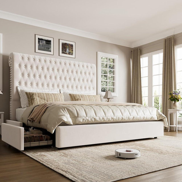 King Size Bed Frame 55” Tall Headboard with Gorgeous Button Tufted and Nail, Velvet Fabric Upholstered Bed Frame includes 4 Under-bed Storage Drawers, Wooden Slats, Noise-Free, Easy Assembly, Beige
