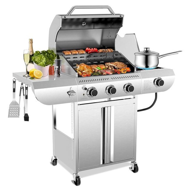 G31 pro Gas Grill 34,000 BTU 3-Burner Propane Grill with Side Burner, Stainless Steel BBQ Grill, Cast Iron Grates & Portable Cart with Wheels，Outdoor Barbecue Grill for Backyard, Patio, Camping