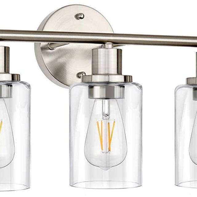 Wall Vanity Light Fixture, 3-Light Wall Sconce Lighting Brushed Nickel, Modern Bathroom Lights with Clear Glass Shade, Vintage Porch Wall Lamp for Mirror Kitchen Living Room Workshop (E26 Base)