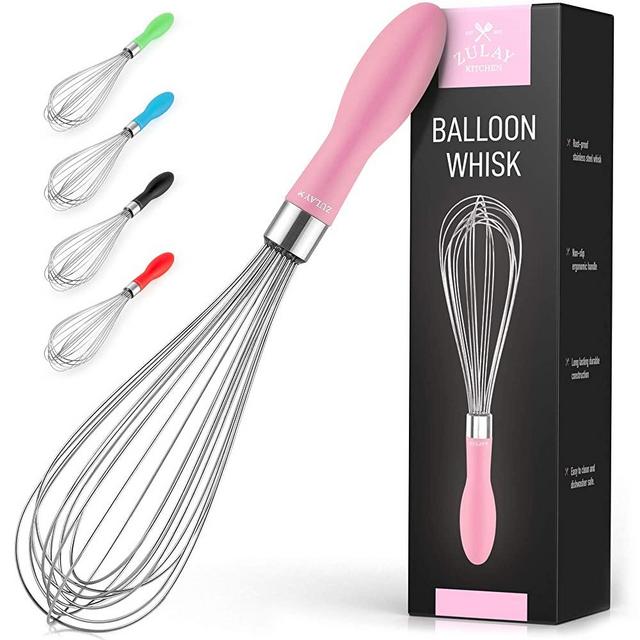 Zulay 12-Inch Stainless Steel Whisk - Balloon Wisk Kitchen Tool With Soft Silicone Handle - Thick Durable Wired Wisk Utensil For Blending, Beating, Whisking, Frothing, Stirring & More (Pink)