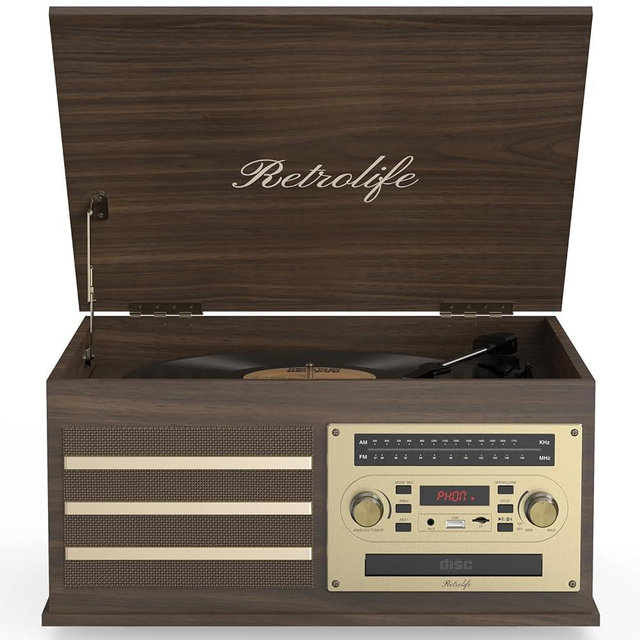 Vinyl Record Player 10-in-1 Music Center Turntable Built-in Speakers Support 3 Speed BT Wireless Input/Output AM/FM Radio CD Cassette Tape Player Aux RCA Auto Stop Vinyl Recording to USB/TF Card Brown