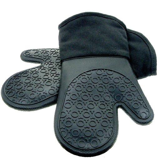 Silicone Oven Mitts with Quilted Cotton Lining - Professional Heat Resistant Potholder Kitchen Gloves - 1 Pair (Black)