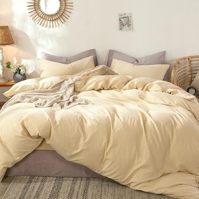 MooMee Bedding Duvet Cover Set 100% Washed Cotton Linen Like Textured Breathable Durable Soft Comfy (Heathered Light Yellow, King 104"x90")