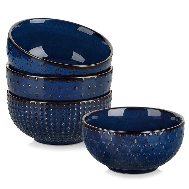 MALACASA Cereal Bowls, 30 Ounce Ceramic Blue Soup Bowl for Kitchen, Stoneware Bowls Set of 4 with Embossment for Pho, Chip, Fruits, Salad, Noodle, Ramen - 6 Inch, Series LYDIA
