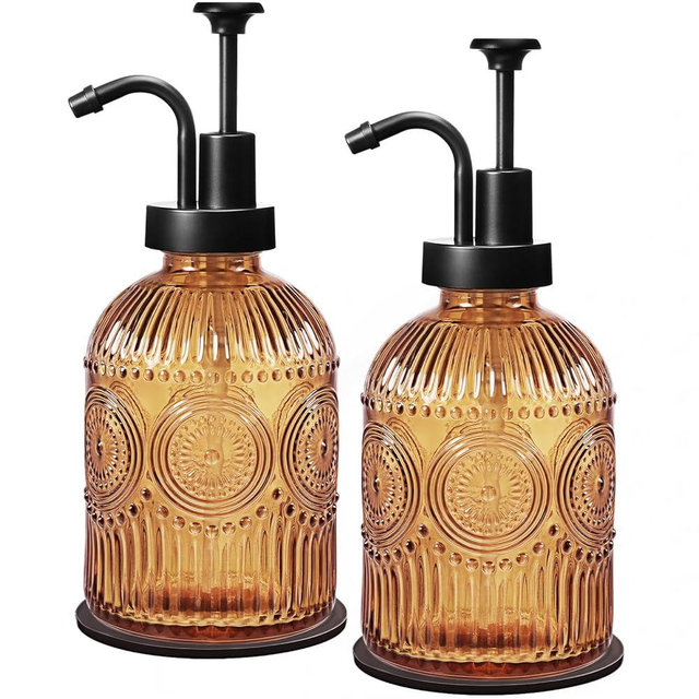 Amolliar 12 Oz Vintage Glass Bathroom Soap Dispensers with Pump, 2 Pack Refillable Kitchen Dish Soap Dispenser with Stripe, Antique Rustic Hand Soap Liquid Bottle (Brown-Black Pump)