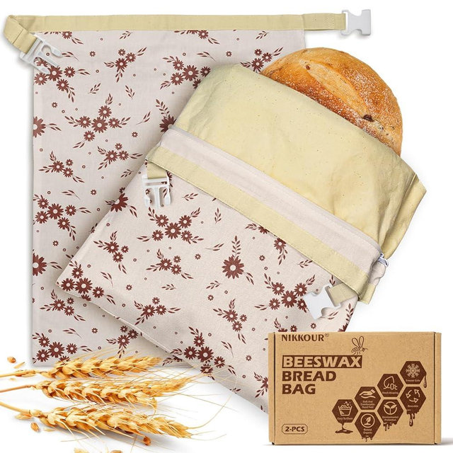 Large Linen Beeswax Bread Bags(2 Pack) Sourdough Bread Bags Reusable Double-Lock Freezer Baking Container Gift Giving for Homemade,Loaf,Sourdough,Food Storage (Flowers 2)