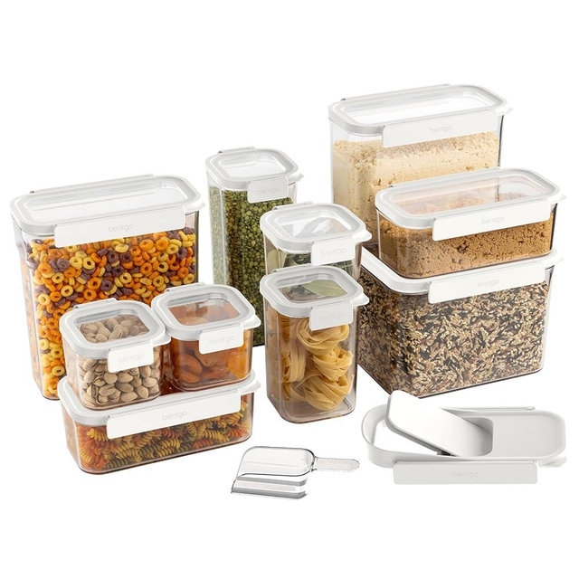 Bentgo Pantry - 22-Piece Airtight Food Storage Containers, Clear and Stackable Kitchen and Pantry Organization Set, Locking Lids for Freshness, Bonus Cereal Lid & Scoop, BPA-Free Plastic (Snow)