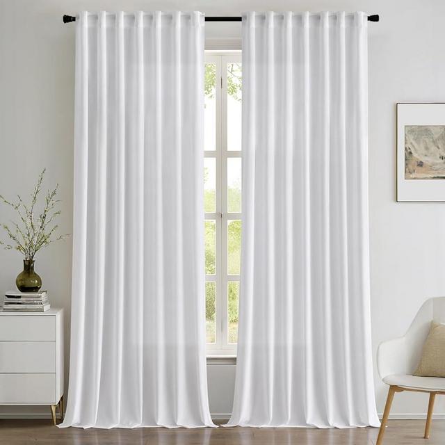 EMEMA White Privacy Sheer Curtains 108 Inches Long Non-See-Through Solid Back Tab Rod Pocket Semi Sheer Curtain for Bedroom Living Room Light Filtering Window Drapes 2 Panels W52 x L108
