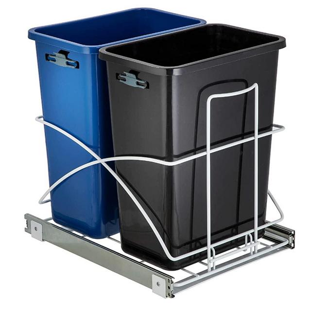 Home Zone Living 15 Gallon Pull Out Dual Trash Can for Recycling and Trash, Under Cabinet Smooth Glide Design, 58 Liter Total Capacity