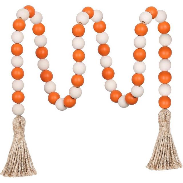 Meplait Wood Bead Garland, 39in Farmhouse Beads with Tassels Boho Decor for Tiered Tray - Orange & Natural