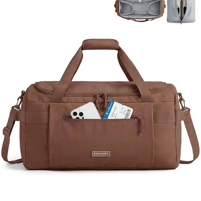 BAGSMART Travel Duffel Bags with Dividers, 32L Gym Duffle Bag with Laptop Compartment, Carry On Weekender Overnight Bag, Shoe Bag, PVC Wet Pocket, Dark Brown