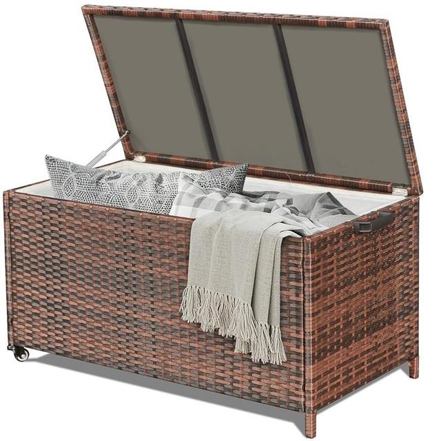 HOMREST Large Deck Box, Outdoor Wicker Storage Container with 70 Gallon, Patio Rattan Furniture for Garden Tools, Pillows, Pool, Brown