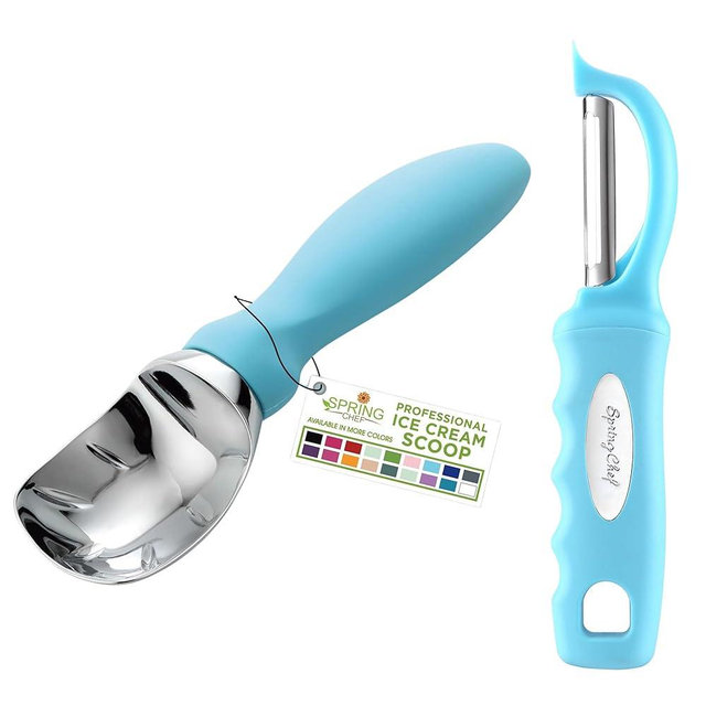 Spring Chef Premium Ice Cream Scoop & Professional Swivel Vegetable Peeler with Comfortable Handle - 2 Product Bundle - Aqua Sky