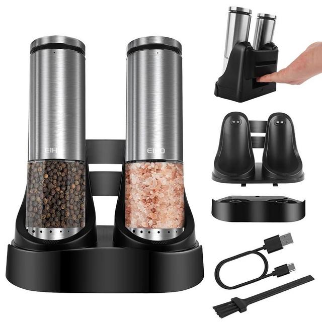 EIHO Electric Salt and Pepper Grinder Set USB Rechargeable, Upgraded External Adjustable Coarseness, Stainless Steel Automatic Salt and Pepper Shakers Mills with LED Light, House Warming Cooking Gifts