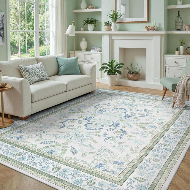 DCX Area Rug 6x9 Botanical Floral Washable Rugs in Green and Blue Soft Non Slip Low Pile Stain Resistant Carpet for High-Traffic Areas Bedroom Kitchen Entryway