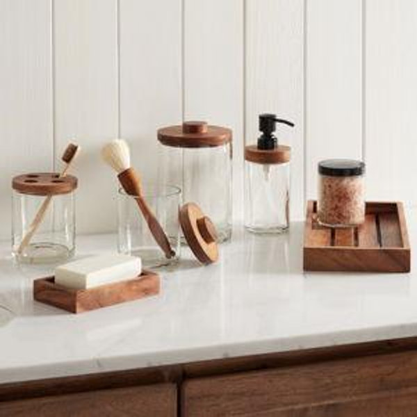 Clover Wood & Glass Bath Accessories - Soap Pump, toothbrush holder, tank tray
